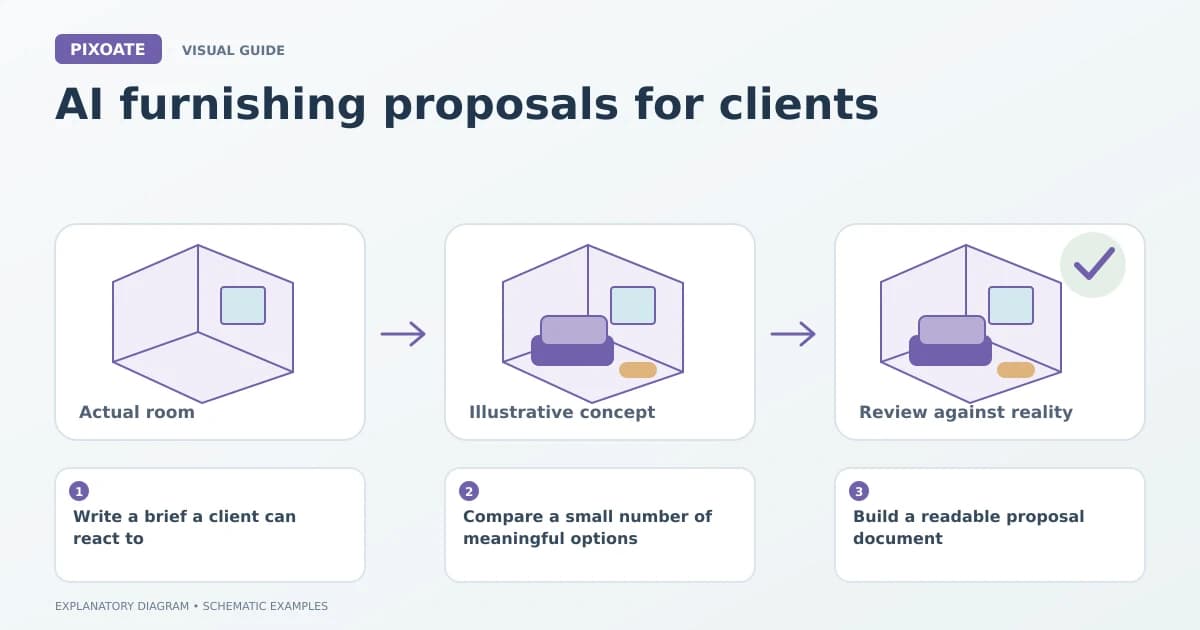 Explanatory diagram for AI furnishing proposals for clients, showing schematic room layouts and furnishing symbols.