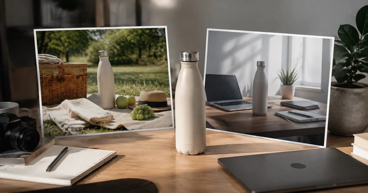 Insulated bottle shown in office and outdoor lifestyle photo concepts for different campaigns.