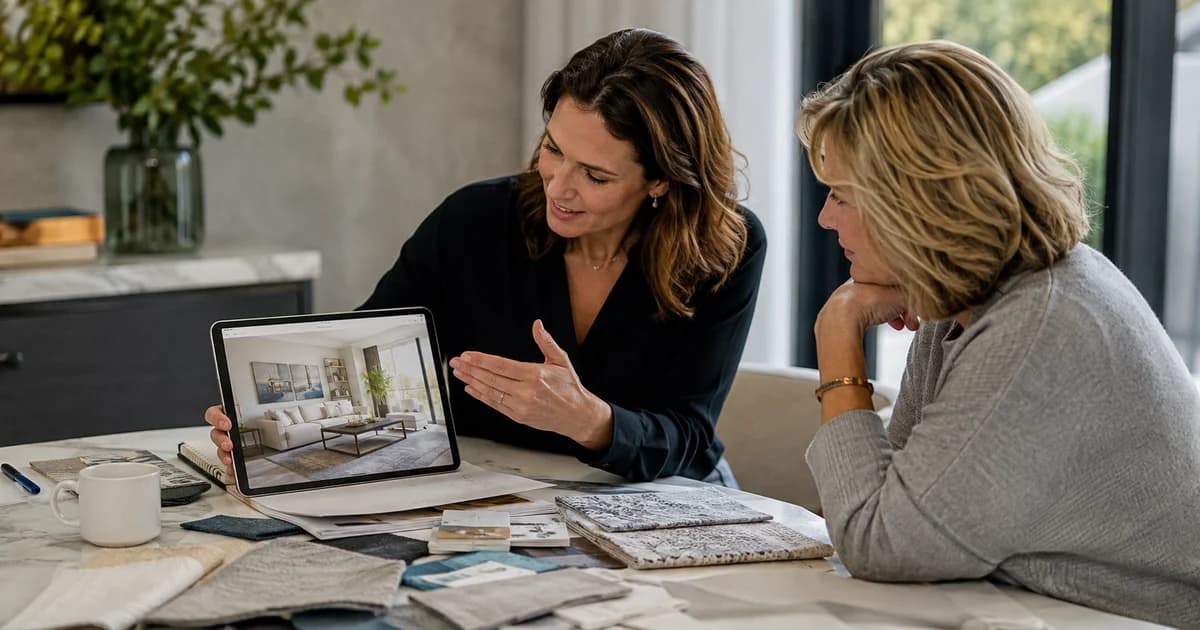 Designer and client discussing a furnished-room concept alongside fabric and colour samples.