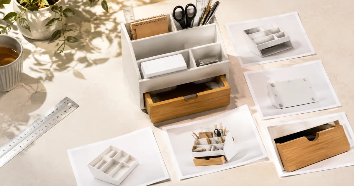 Desk organiser with detail photos that answer product listing questions about storage and size.