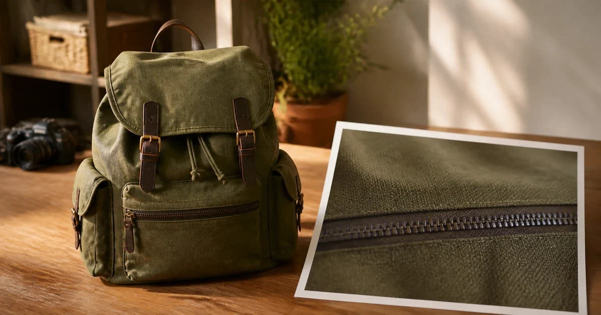 Canvas backpack beside a close-up print of its stitching and zipper for inspecting product detail.