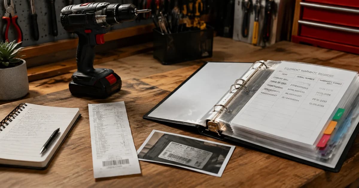 Business equipment receipt and serial-label photo organised with warranty paperwork.