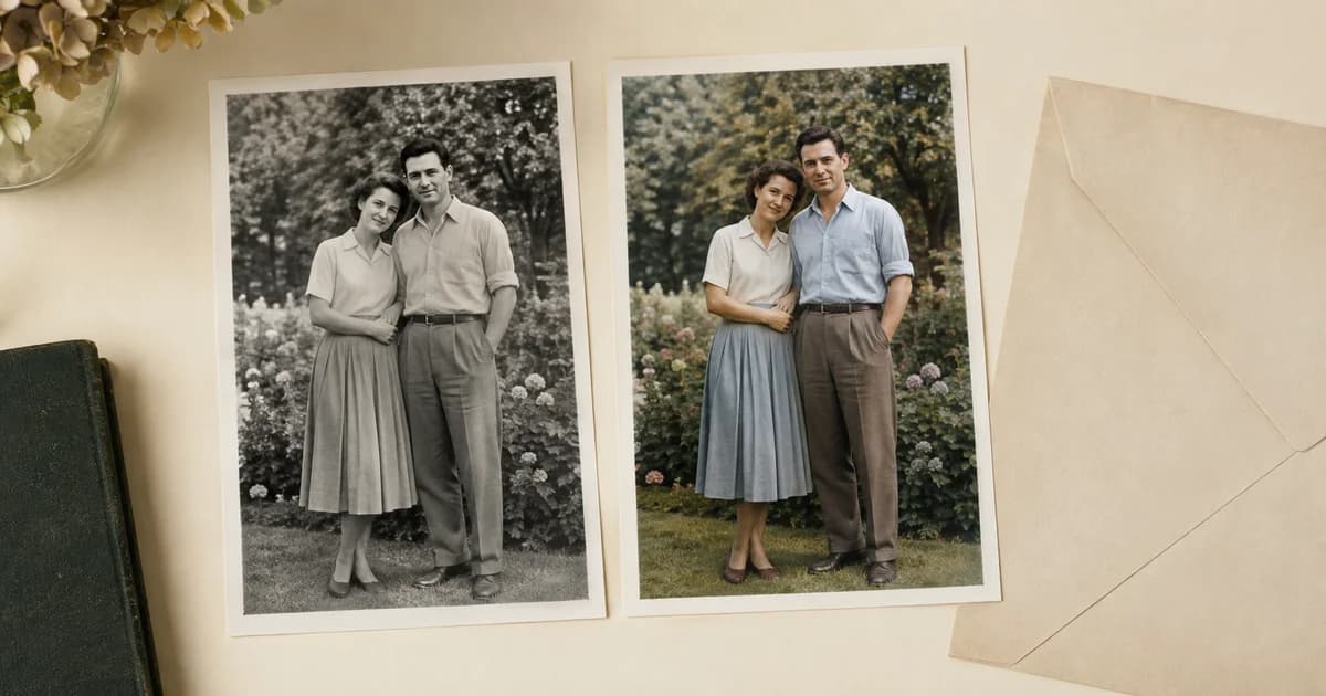 Black-and-white and softly colorized versions of a vintage-style couple portrait beside an archival envelope.