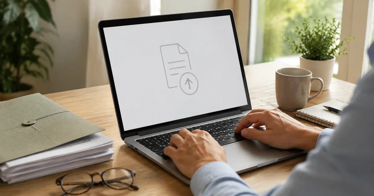 A person using a laptop with a document upload symbol beside a folder of supporting application paperwork.