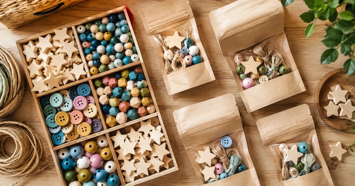 Wooden stars, colourful beads and buttons in trays beside kraft bags on a craft kit packing table.