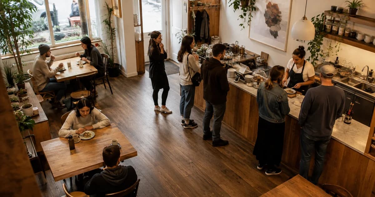 Café customers queuing at the counter and sitting at tables, viewed from an elevated corner.