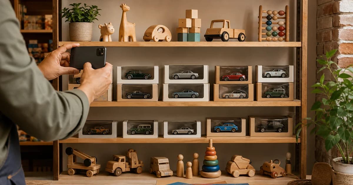 A phone aimed at toy shop shelves displaying boxed cars and wooden toys for a stock review.