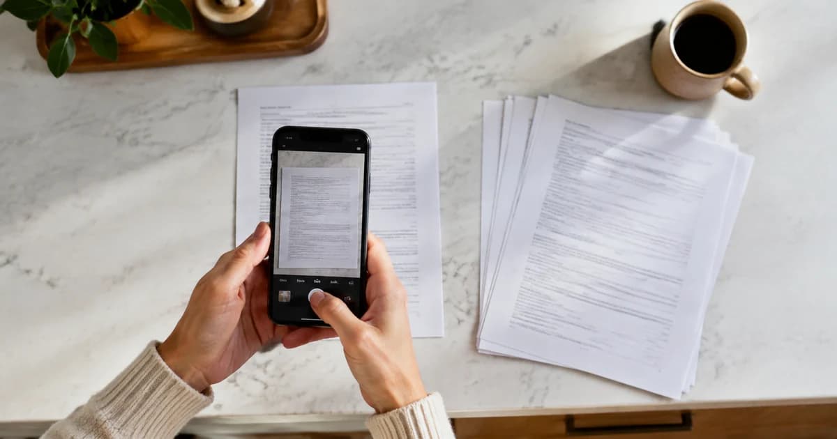 Phone camera above a flat document, ready to create a scanned PDF from page photos.