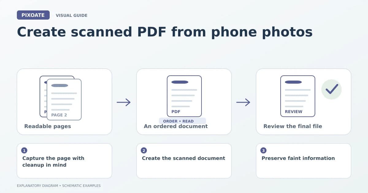 Explanatory diagram for create scanned PDF from phone photos, showing image pages, an ordered PDF and a document review.