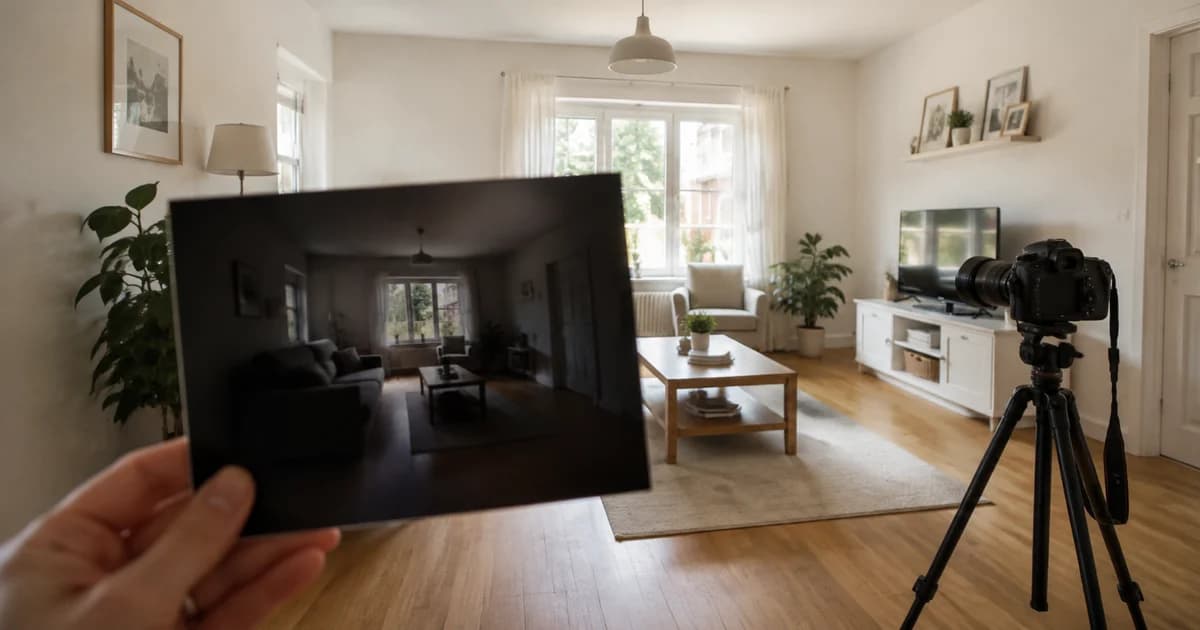 Rental living room and a dark photo print illustrating how poor exposure can hide property details.