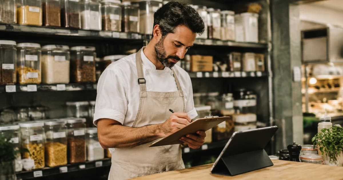 Restaurant stock sheet and tablet used to review pantry inventory from document photos.