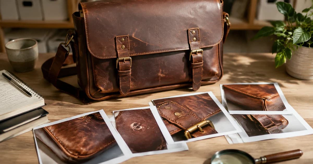 Used leather satchel and close-up photos showing scuffs and true condition for buyers.