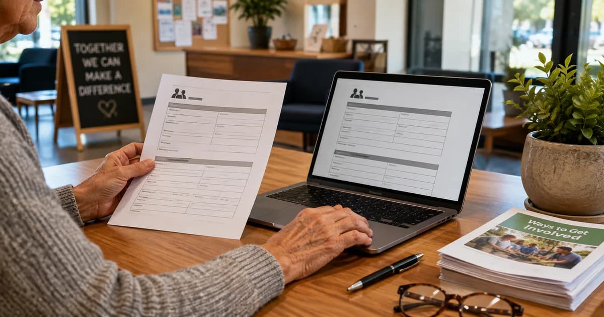 An older volunteer comparing a printed registration form with a document on a laptop at a community centre.