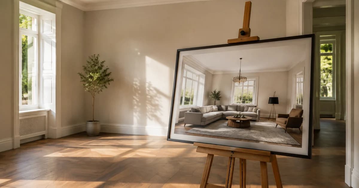 Empty living room beside an illustrative furnishing concept that helps viewers imagine the space.