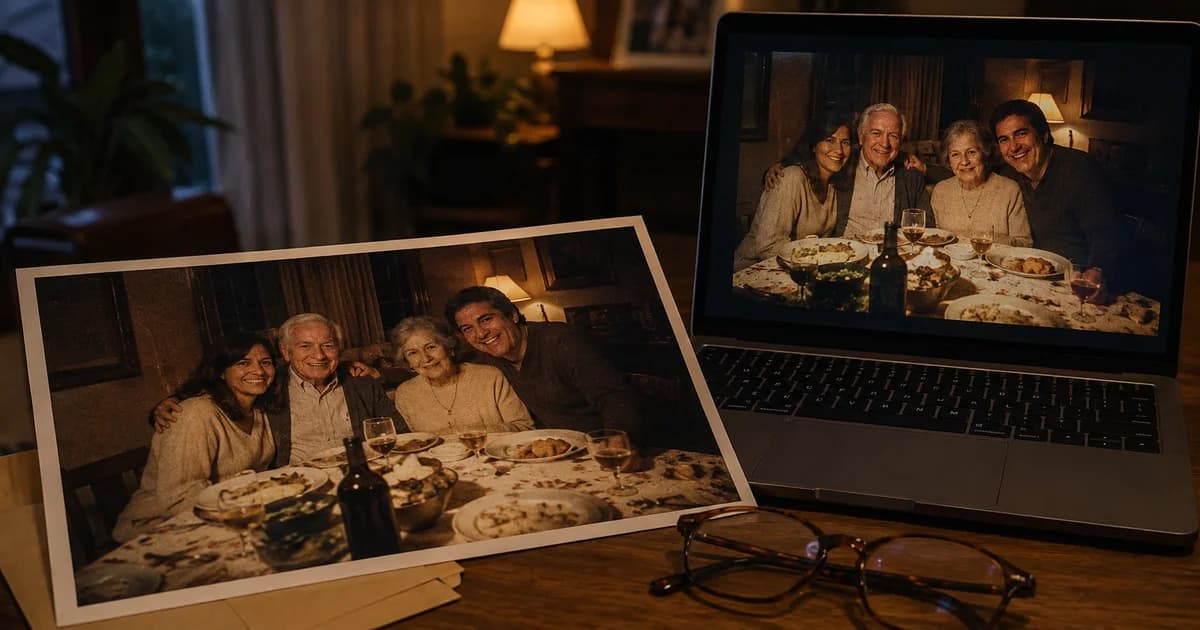 A dim, grainy family dinner photograph shown as a print and on a laptop beside reading glasses.