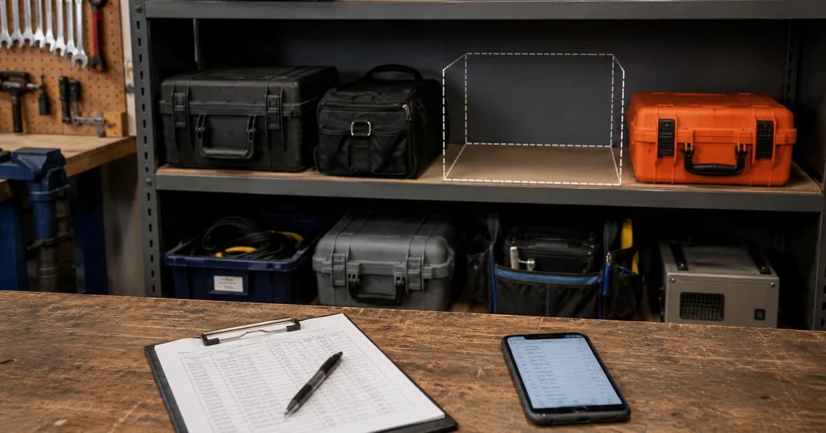 Equipment shelf, inventory clipboard and phone illustrating the need for a complete asset register.