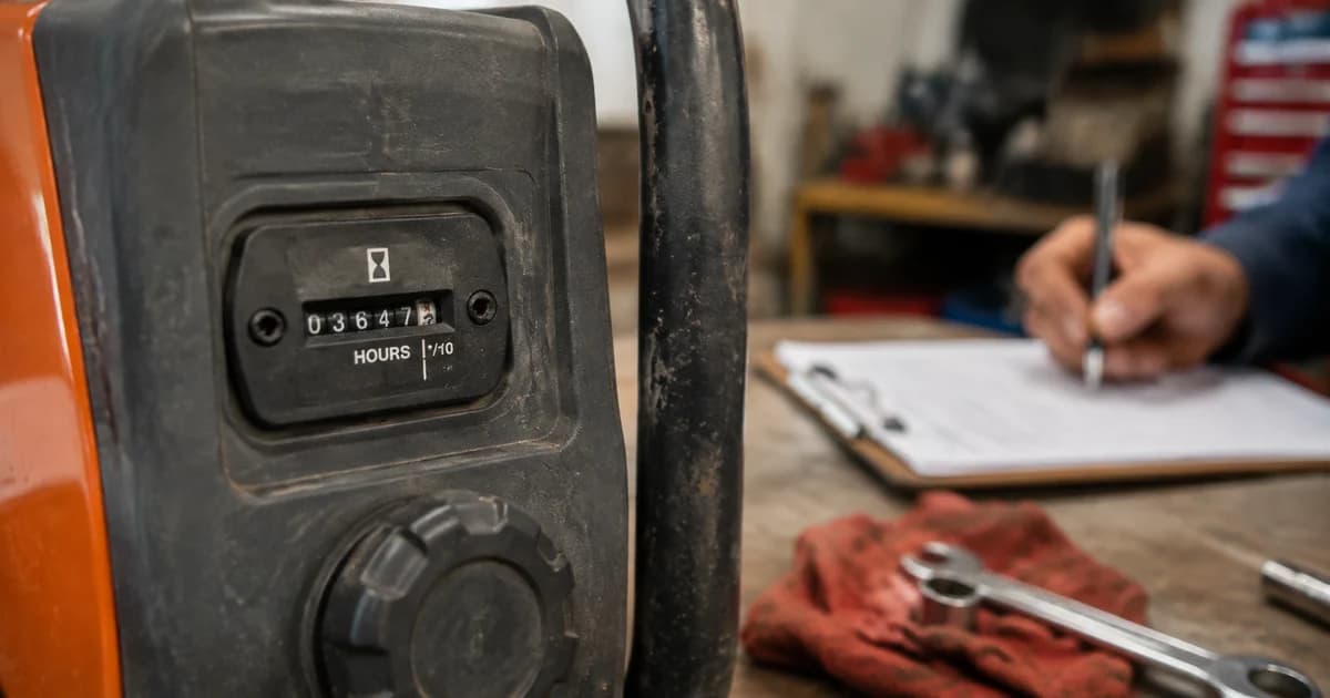 Equipment hour meter and maintenance clipboard used to record operating hours from photos.