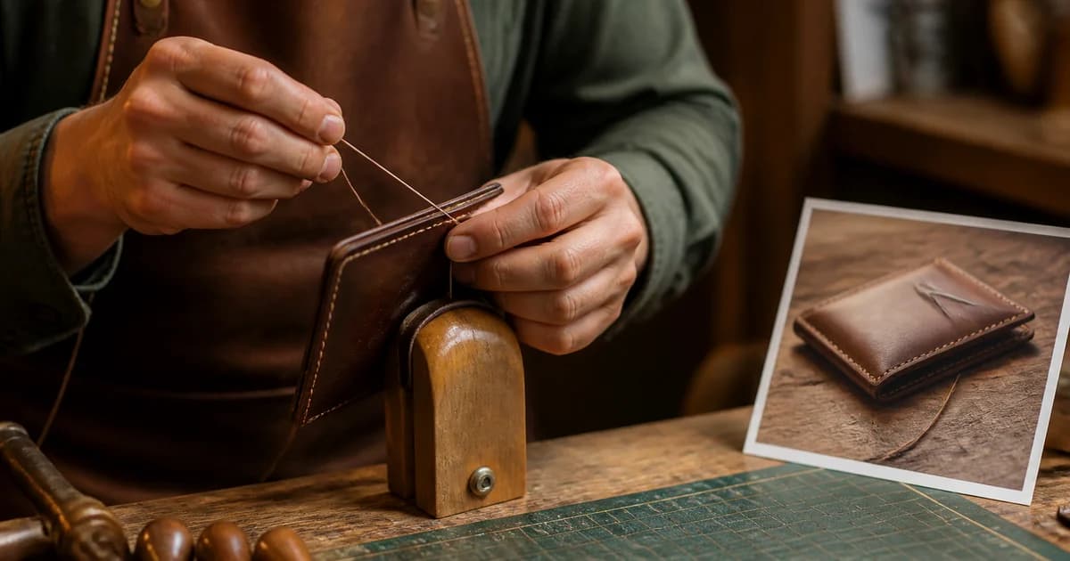 Leather wallet stitching and a detail photograph showing handmade craftsmanship for an Etsy listing.