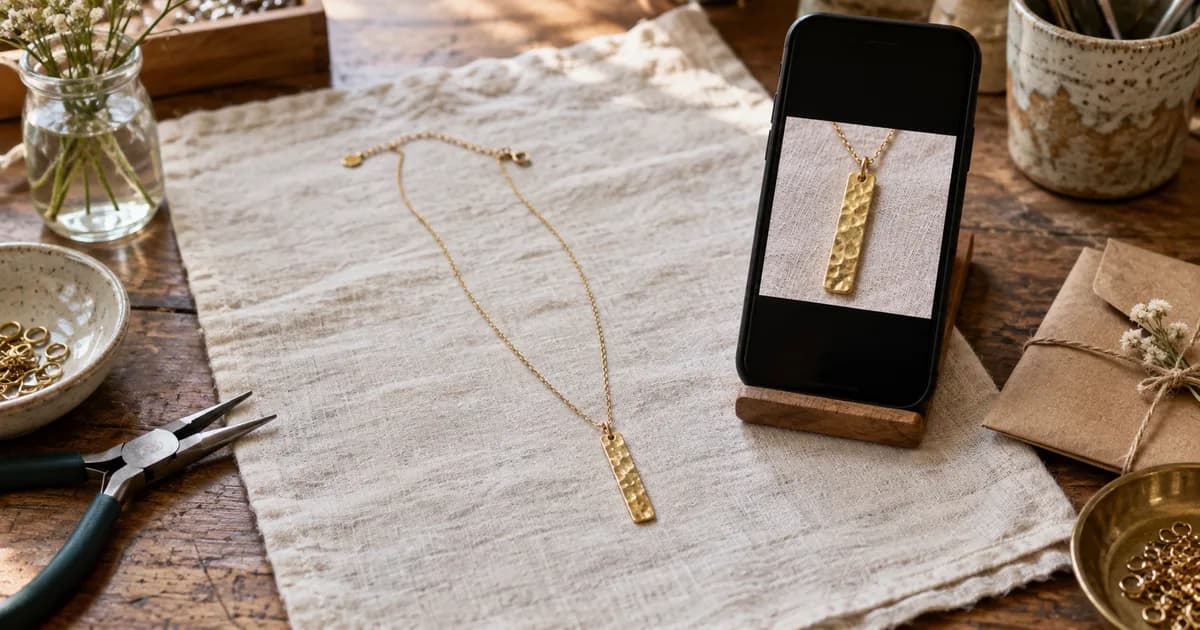 Gold necklace laid on linen beside a phone preview and jewellery-making tools.