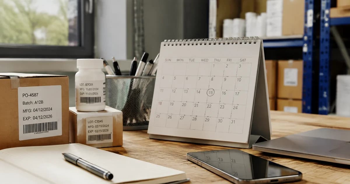 Photographed stock date labels beside a calendar for reviewing expiry dates and reminders.