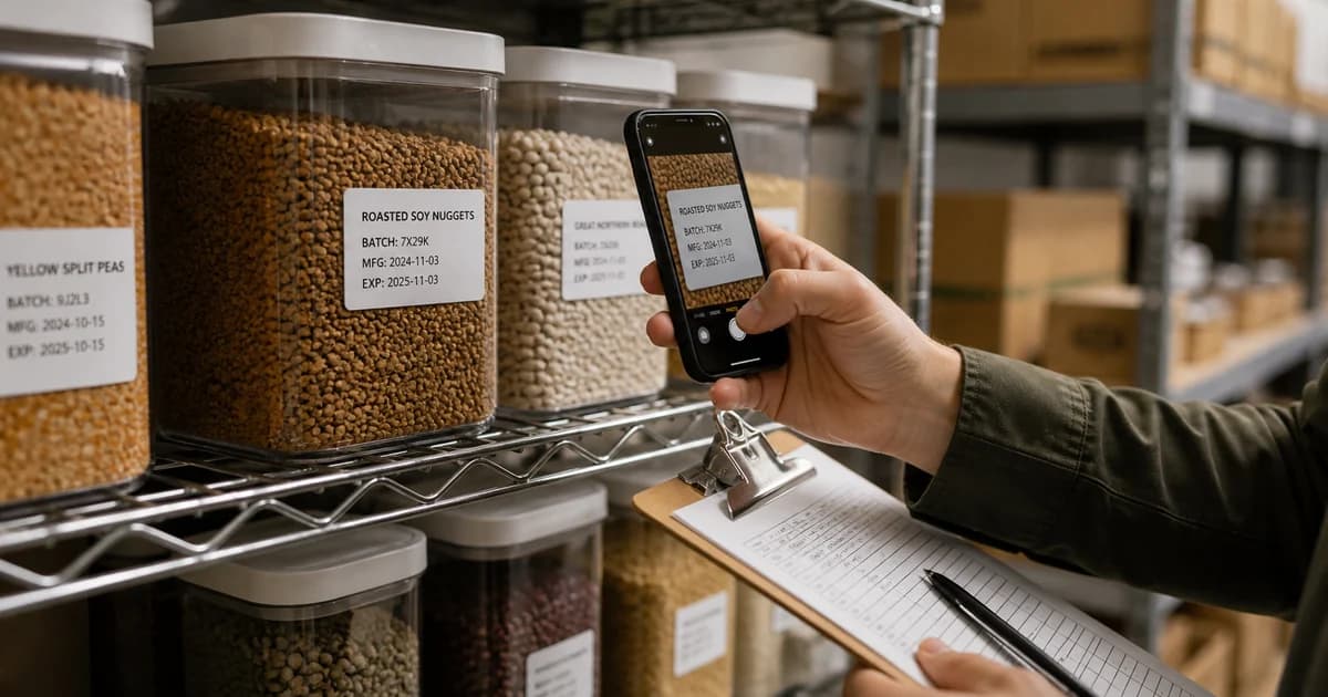 Stock labels photographed to review expiry dates and lot codes before updating inventory records.