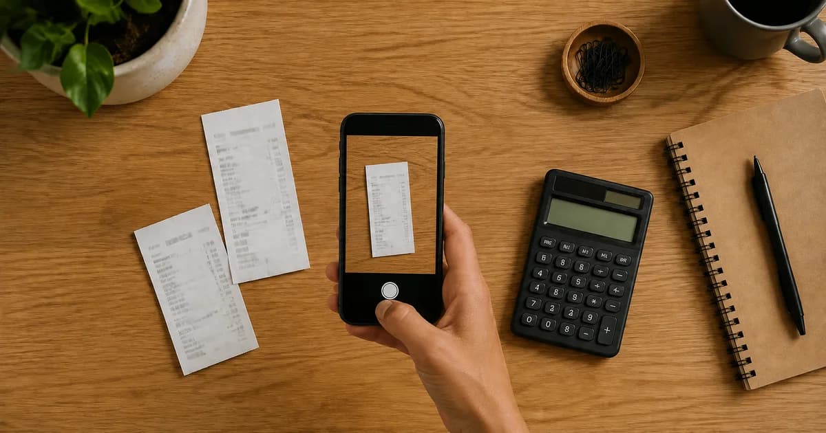 A phone held above paper receipts beside a calculator and notebook for organising business expenses.