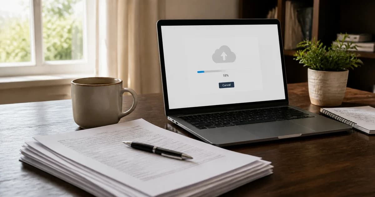 Completed application documents beside a laptop upload screen, illustrating a PDF file-size obstacle.