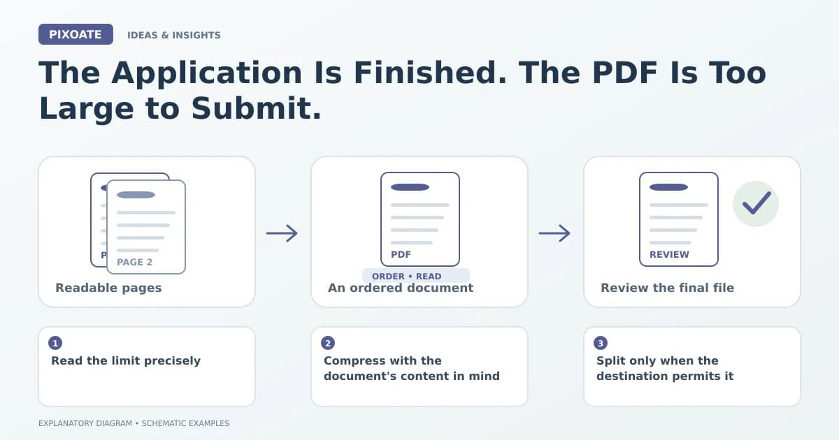 Explanatory diagram for PDF too large to submit, showing image pages, an ordered PDF and a document review.