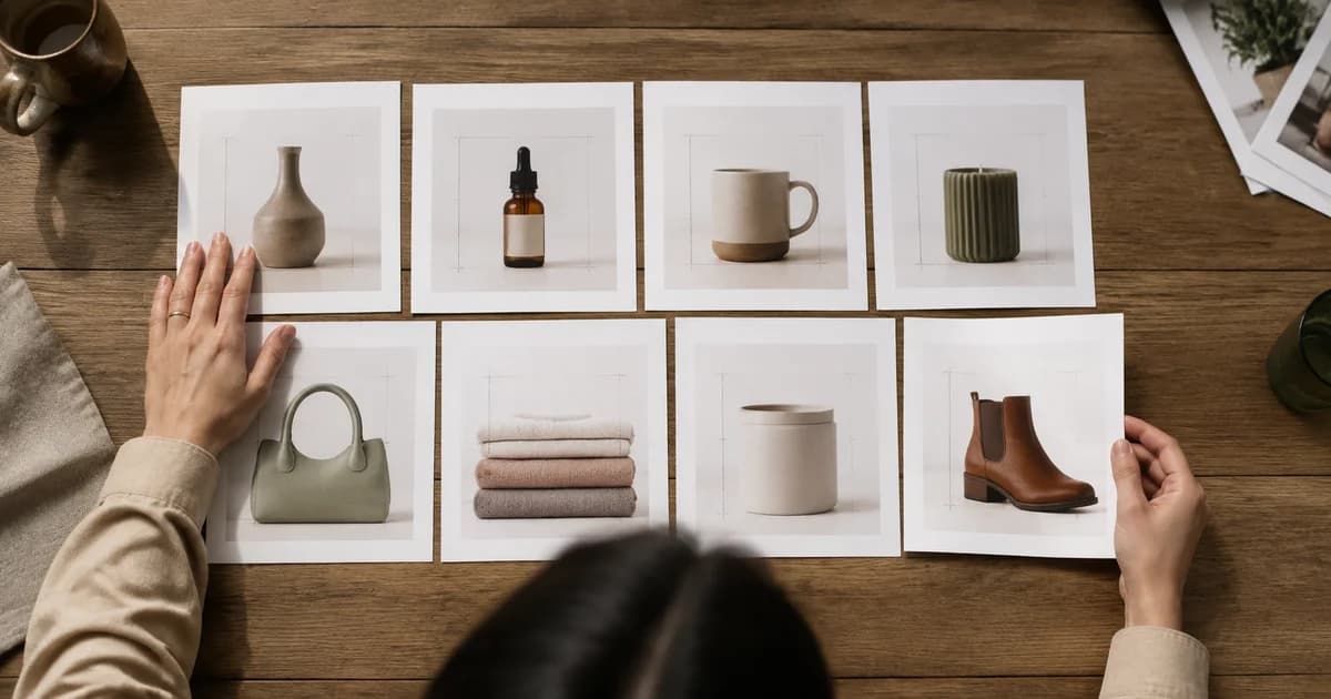 Product thumbnail prints and crop guides used to make Shopify catalogue images consistent.