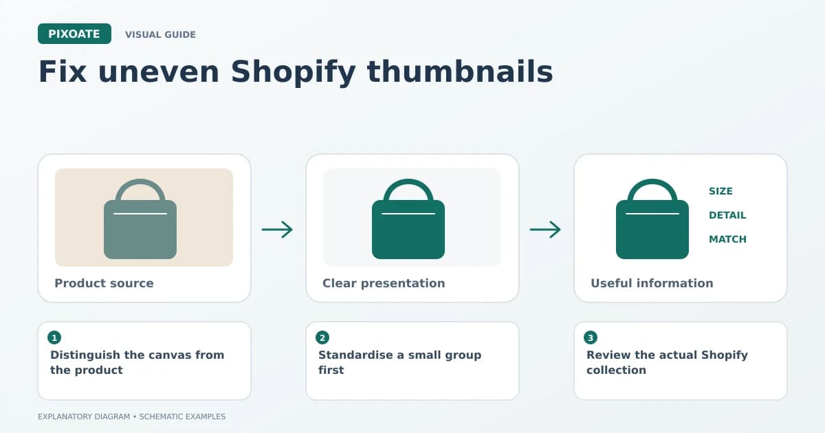 Explanatory diagram for fix uneven Shopify thumbnails, showing product-image frames and a review sequence.