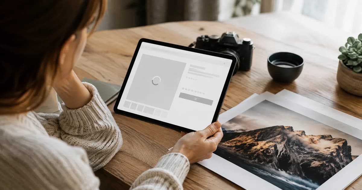 Shopper waiting for product photographs to load on a tablet.