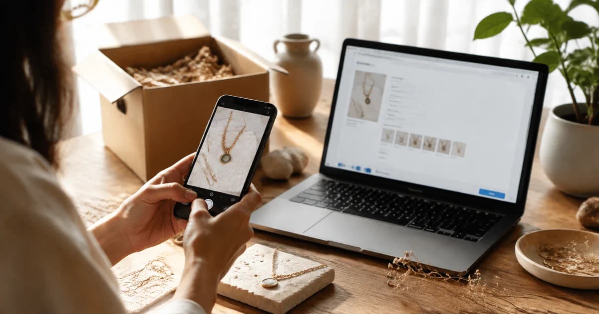 Seller moving a phone jewellery photograph into a product-listing upload workflow.