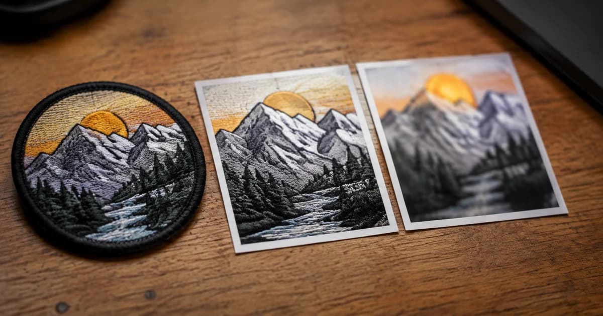 Embroidery detail compared across image prints to show what excessive compression can lose.