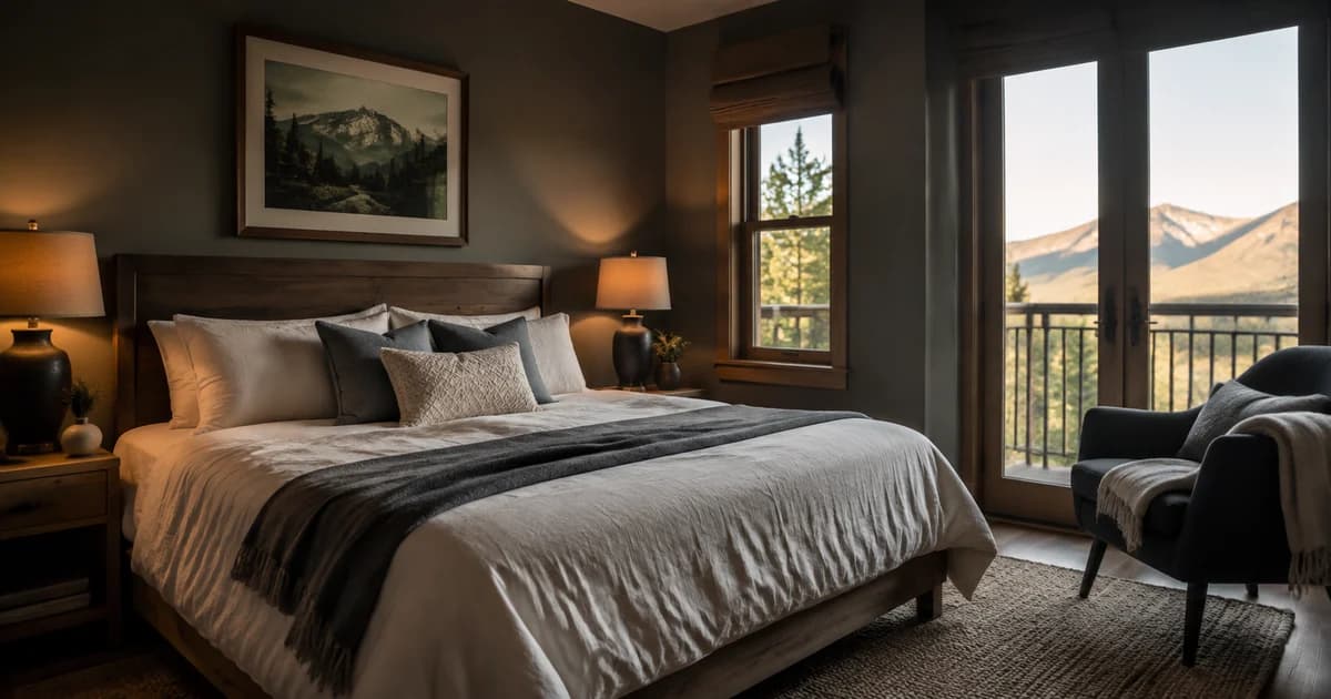 Vacation rental bedroom photographed with balanced window light and visible interior details.