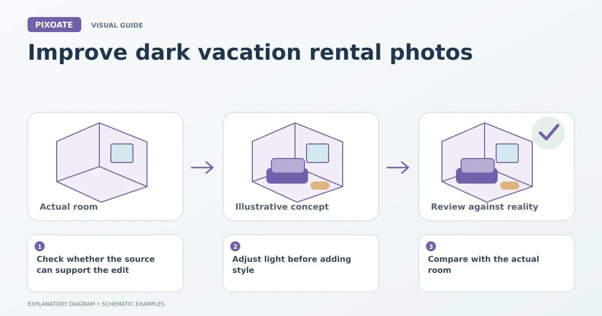 Explanatory diagram for improve dark vacation rental photos, showing schematic room layouts and furnishing symbols.