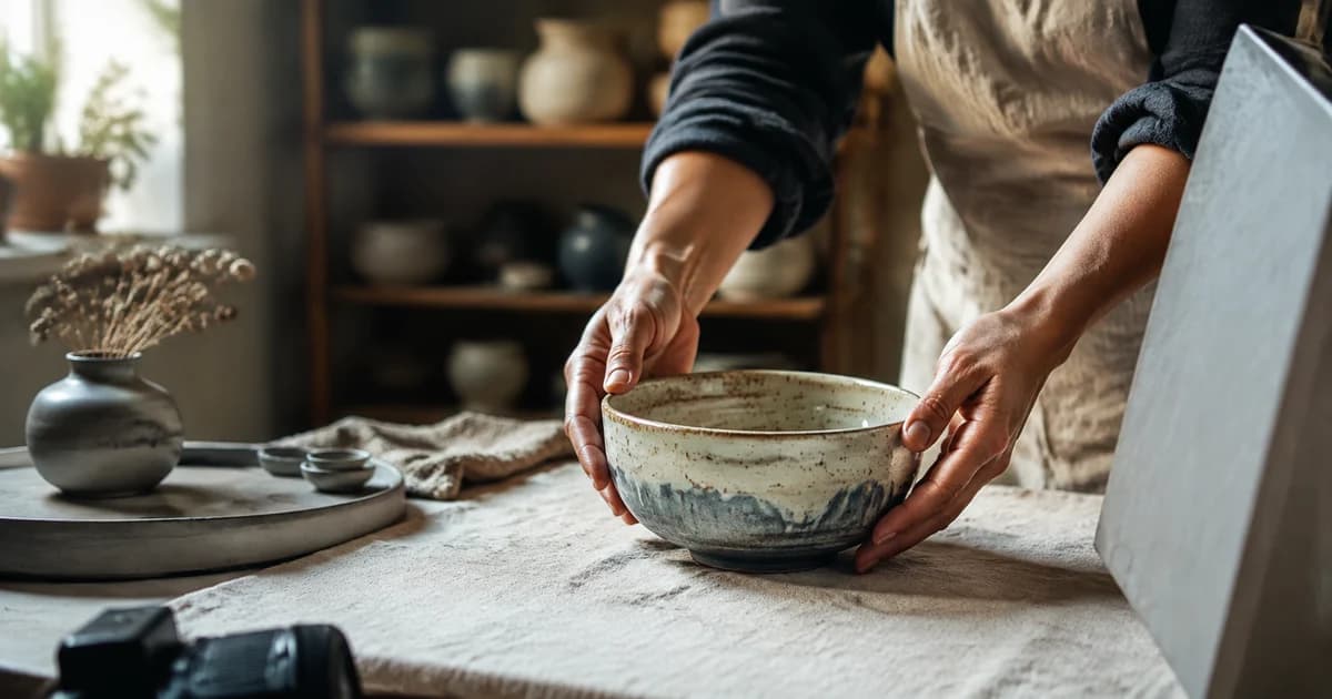 Handmade ceramic bowl arranged for Etsy photography that shows glaze and craftsmanship.