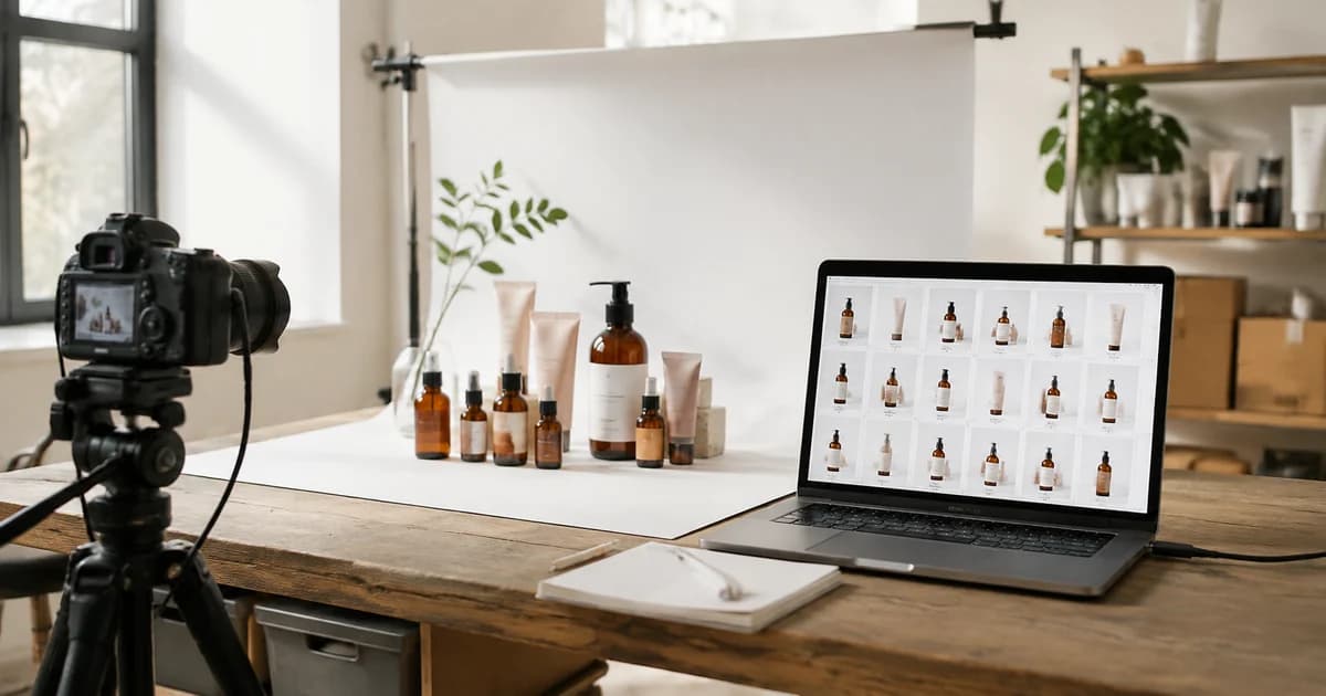 Skincare products photographed on a white backdrop beside a consistent Shopify image catalogue.