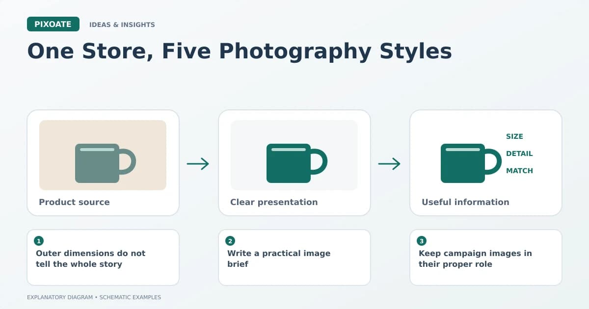 Explanatory diagram for inconsistent Shopify product photography, showing product-image frames and a review sequence.