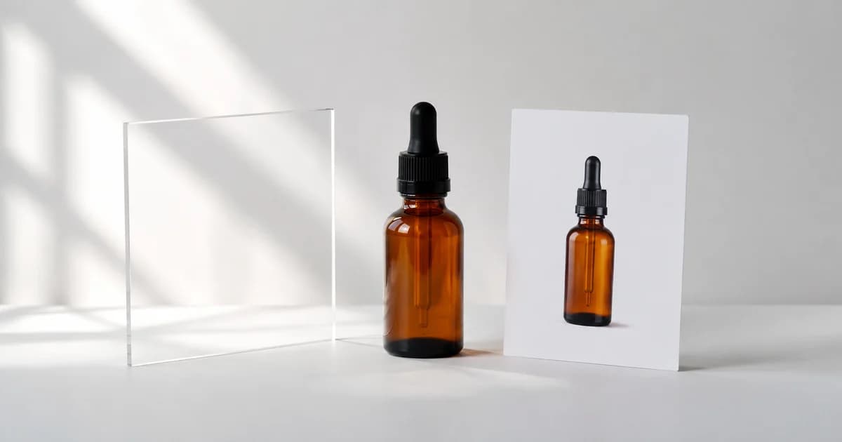 Skincare bottle beside a clear acrylic panel and photo print, illustrating JPG and PNG image uses.