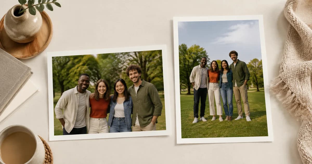 Landscape and portrait photo prints showing the same four adults in a park, with all four visible in each.