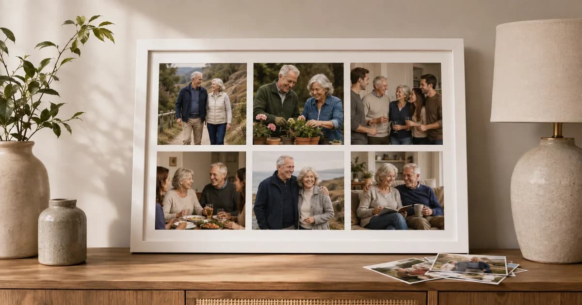 A framed six-photo collage of an older couple and adult relatives, arranged with clear white borders.