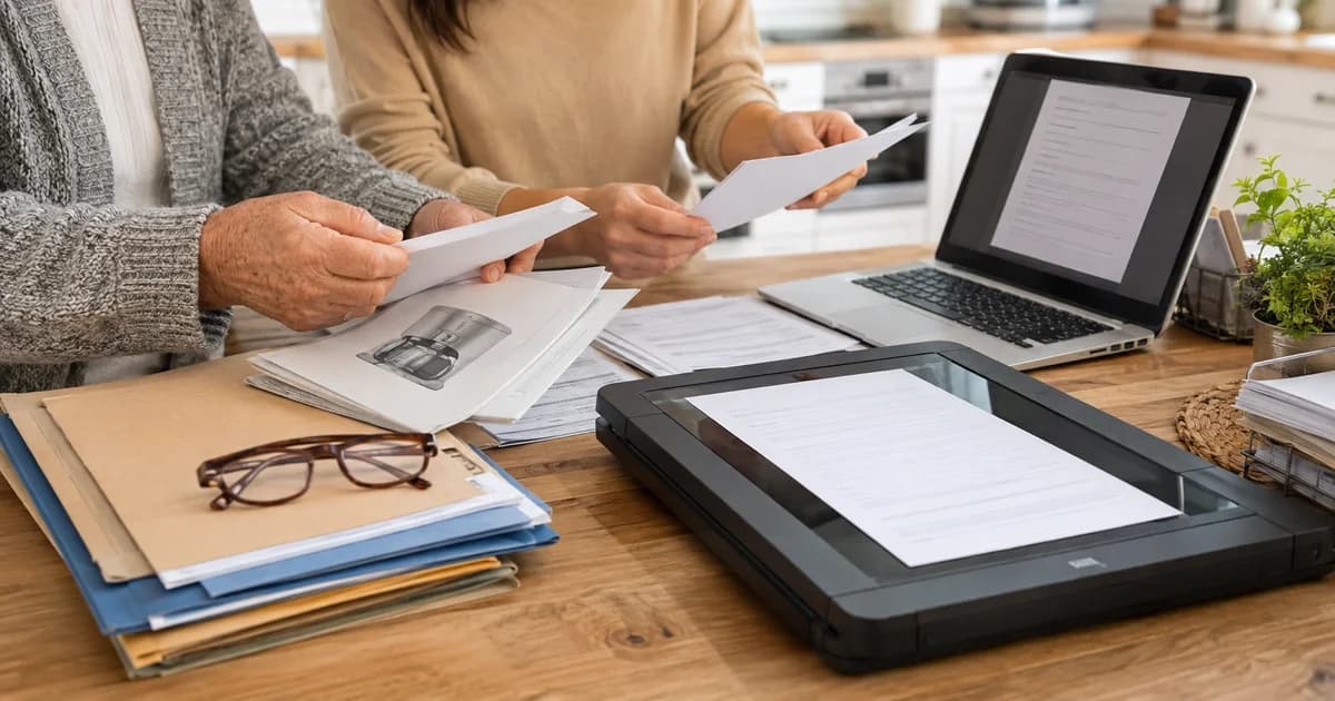Two adults reviewing household manuals beside a flatbed scanner, laptop and folders on a kitchen table.