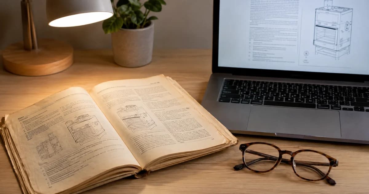 An old appliance manual beside a scanned instruction page on a laptop, with reading glasses and a desk lamp.