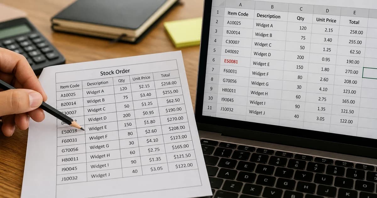 Stock order code checked against a spreadsheet to catch a one-digit OCR error.