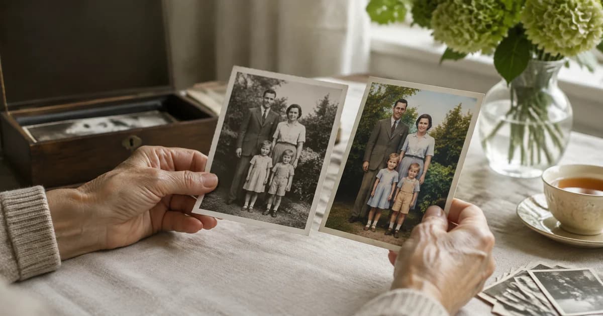 Black-and-white family photograph beside an illustrative colourised version on a family table.
