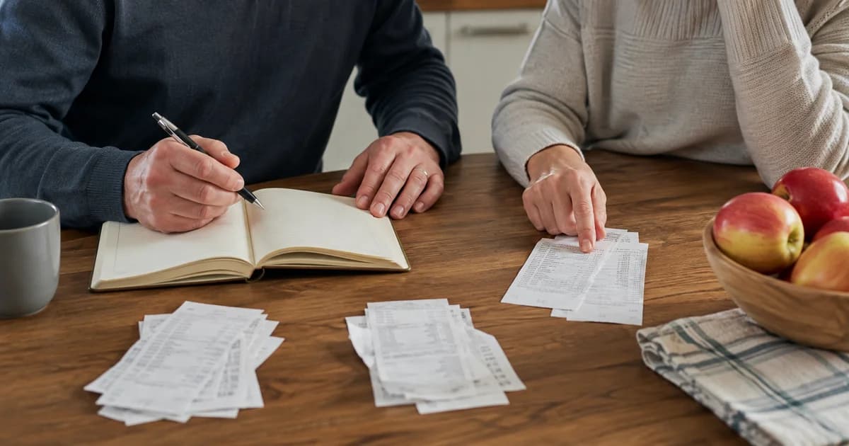 Two adults sorting household receipts into groups beside an open notebook on a kitchen table.