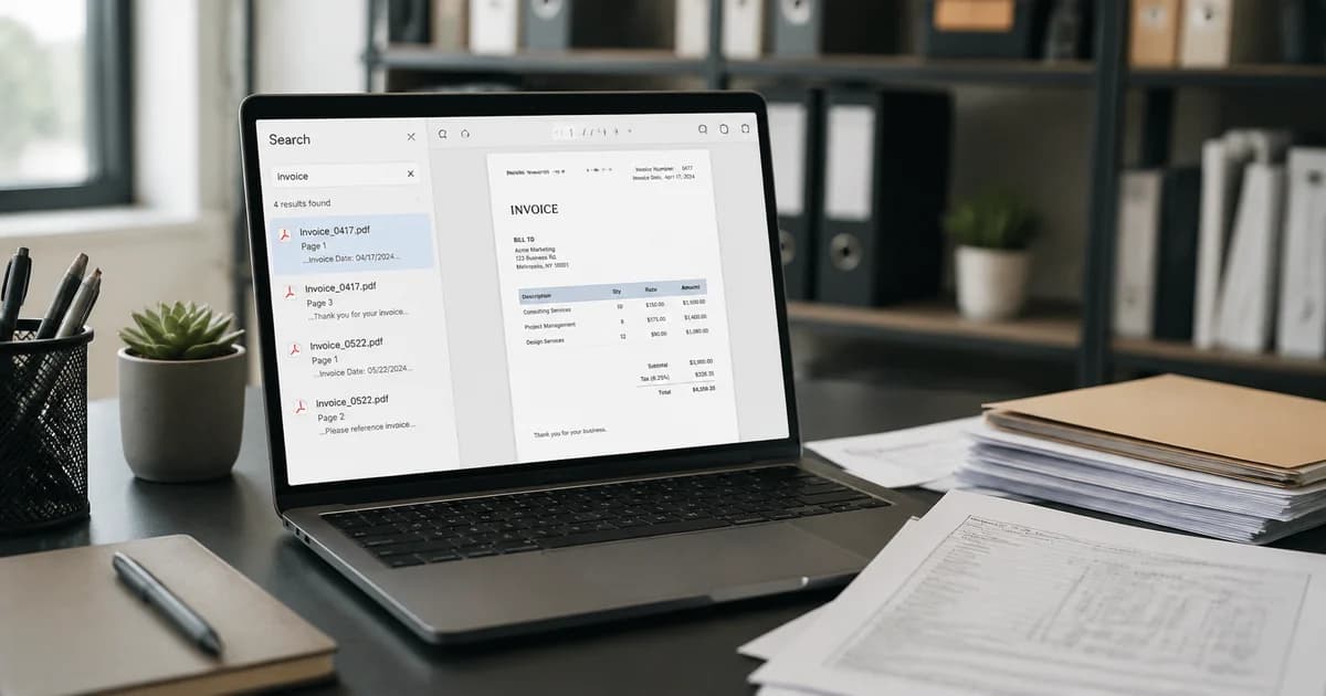 Laptop document search beside scanned papers, illustrating searchable records in a paperless office.