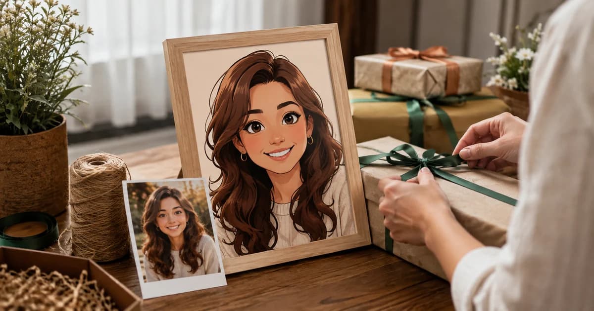 Framed cartoon portrait beside its photo inspiration, prepared as a personalised gift.