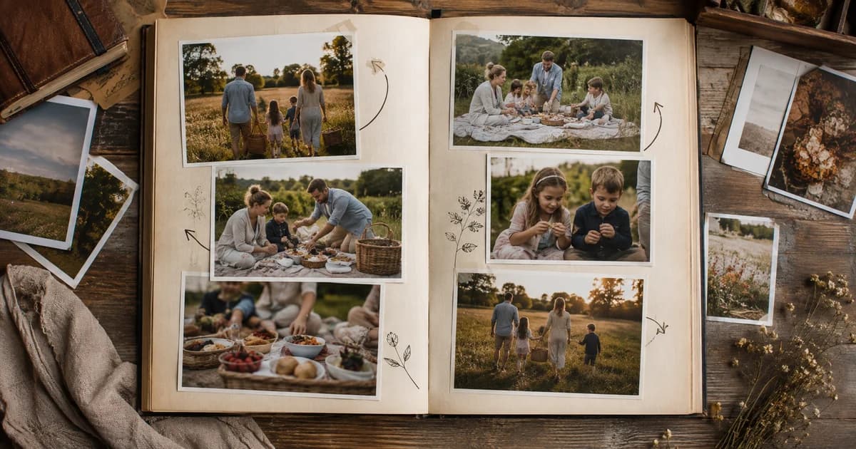 Family picnic photographs arranged as a collage that follows the day's story.