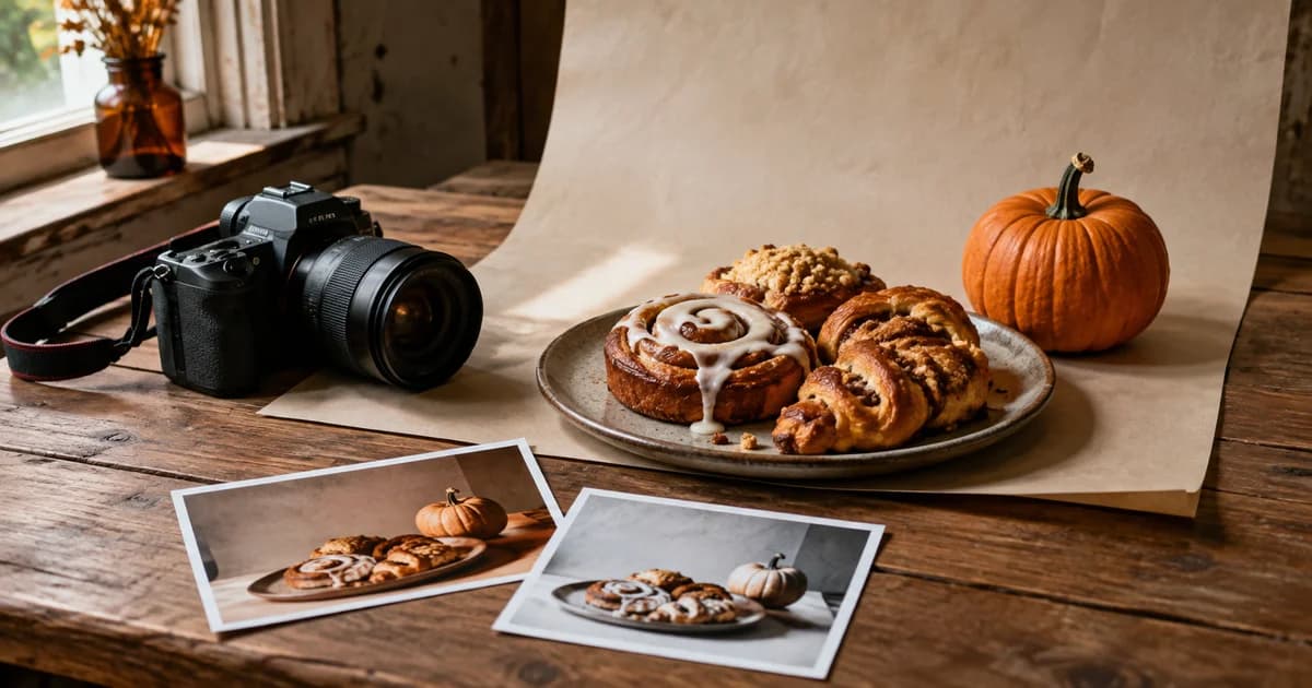 Autumn pastries and a pumpkin beside a camera and two prints with warm and cool photo effects.